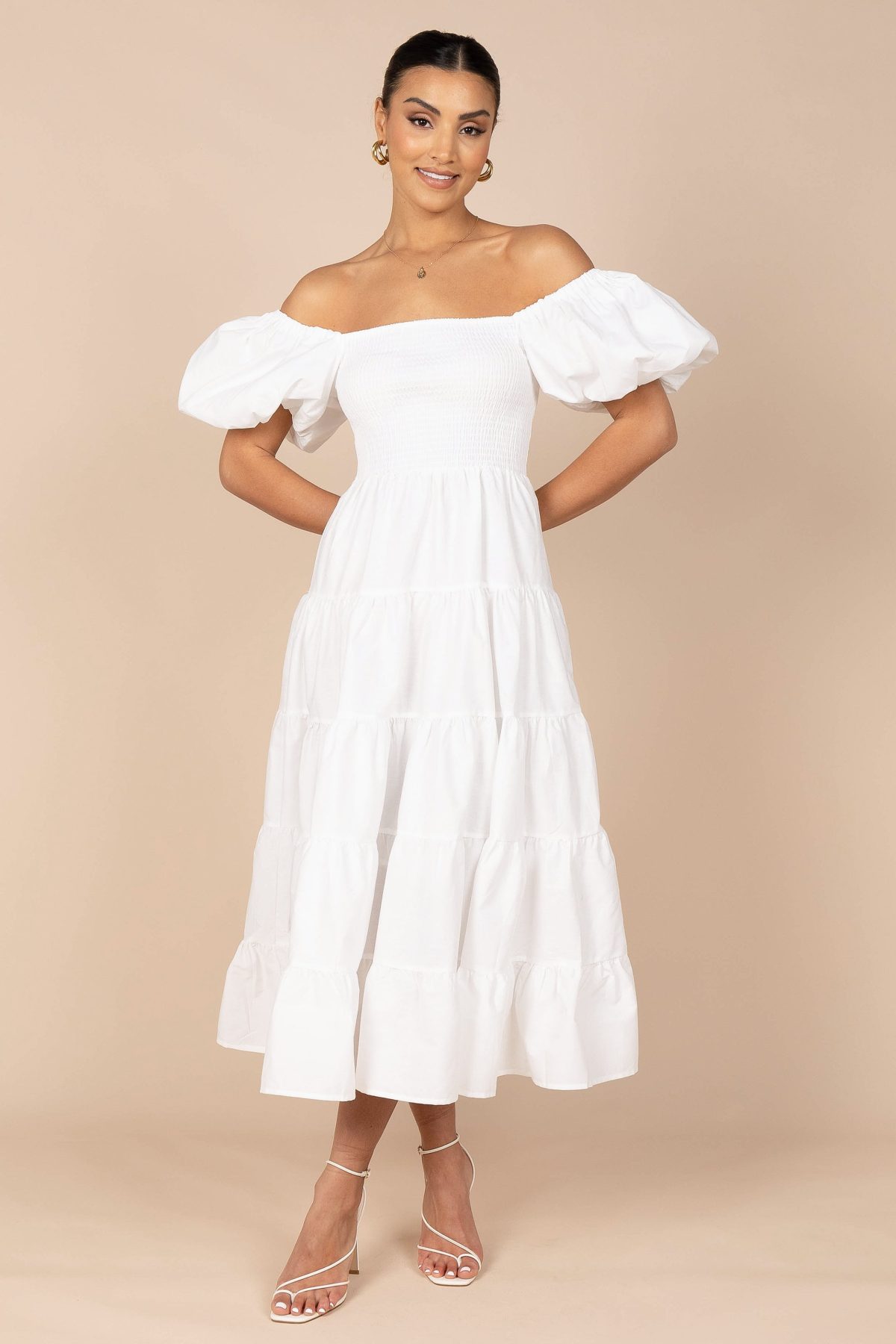 Annette Puff Sleeve Shirred Midi Dress - White - Image 2