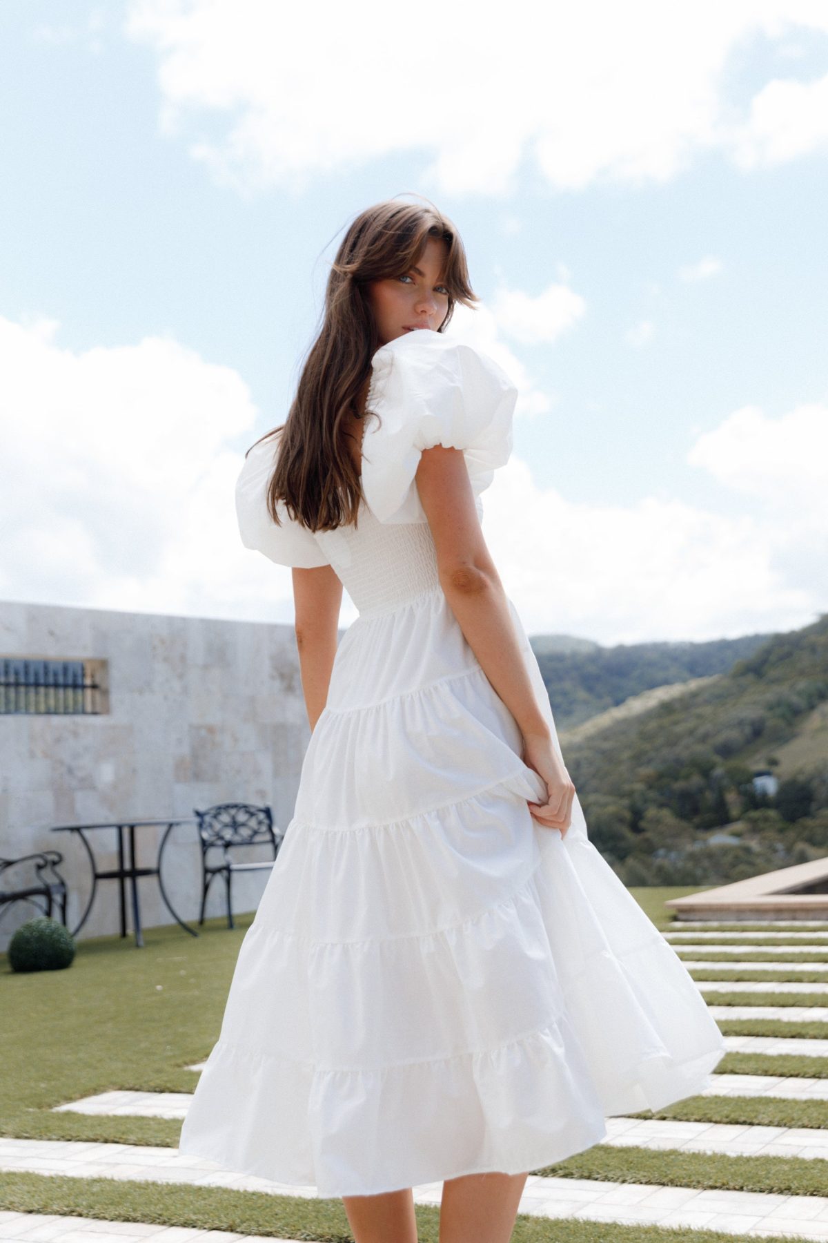 Annette Puff Sleeve Shirred Midi Dress - White - Image 10