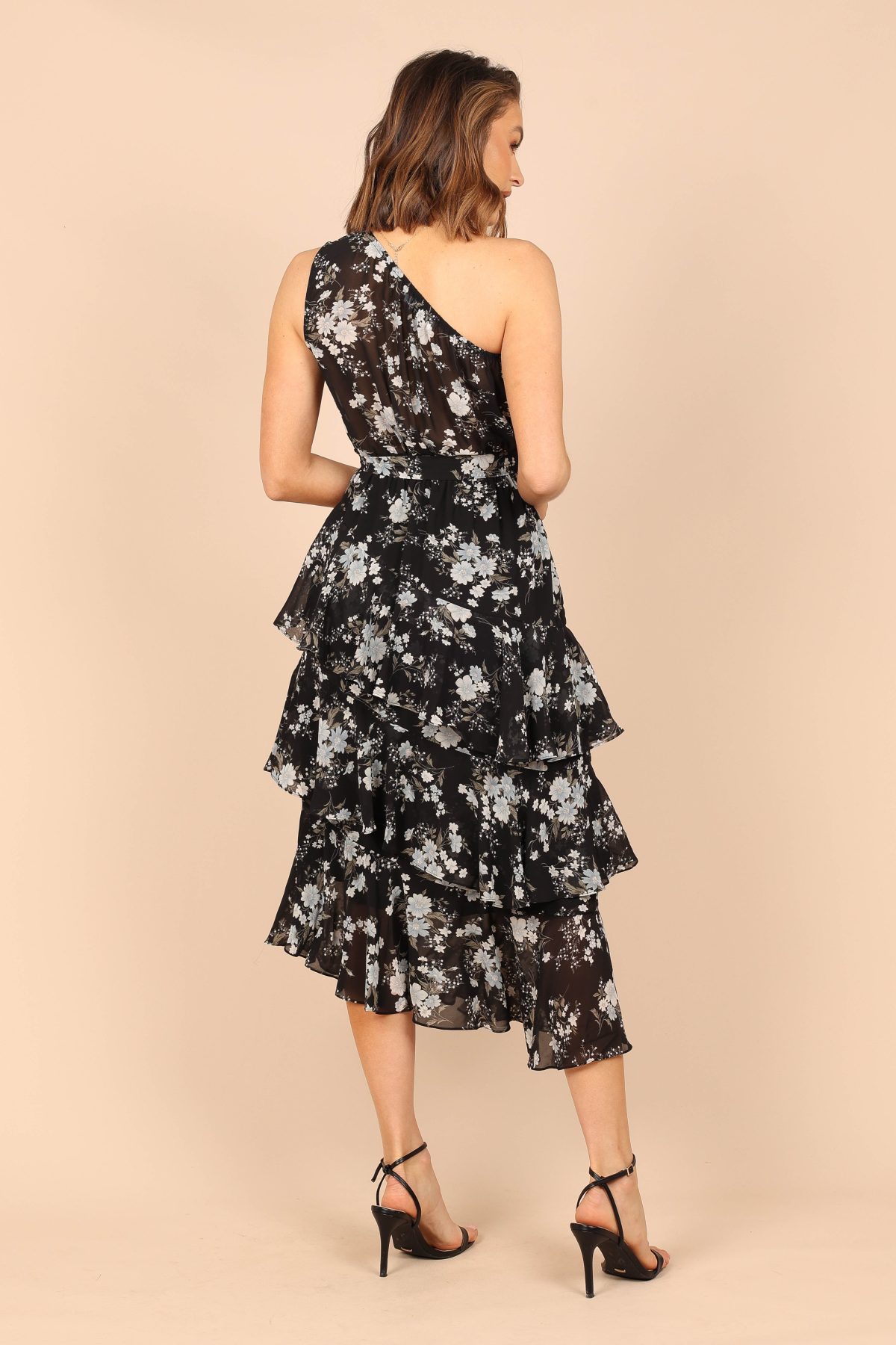 Brigette One Shoulder Tiered Midi Dress - Black Floral - Image 2
