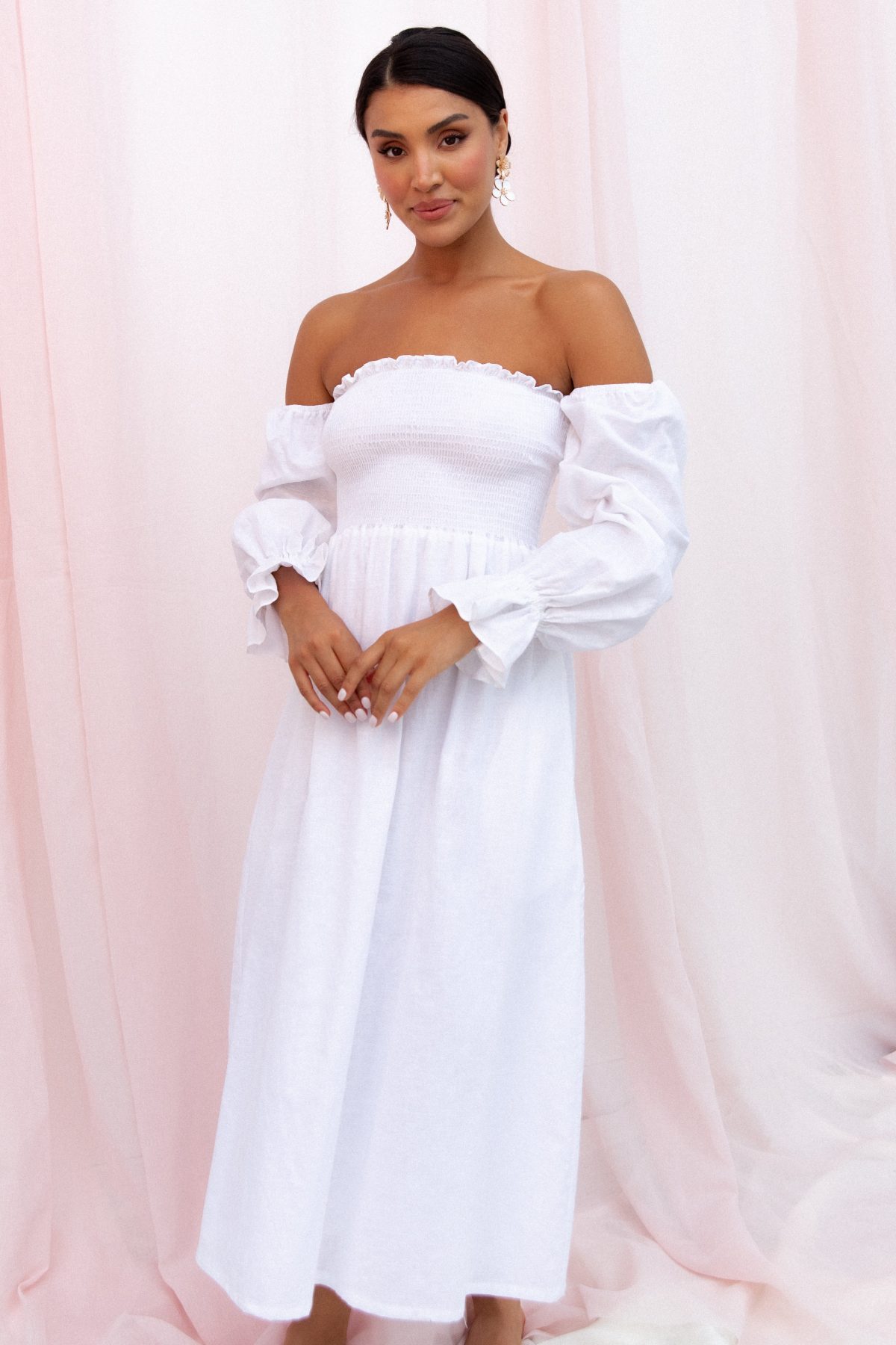 Domenica Shirred Long Sleeve Midi Dress - White - Image 2
